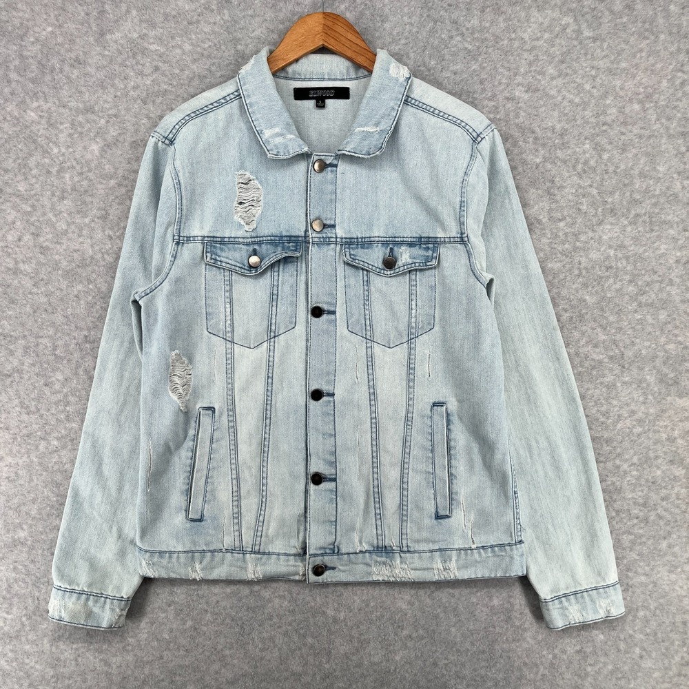 Elwood Denim Jacket Mens Large Light Wash Trucker Distressed Jean